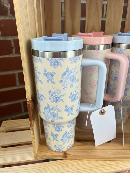 Cream and Blue Coquette Tumbler