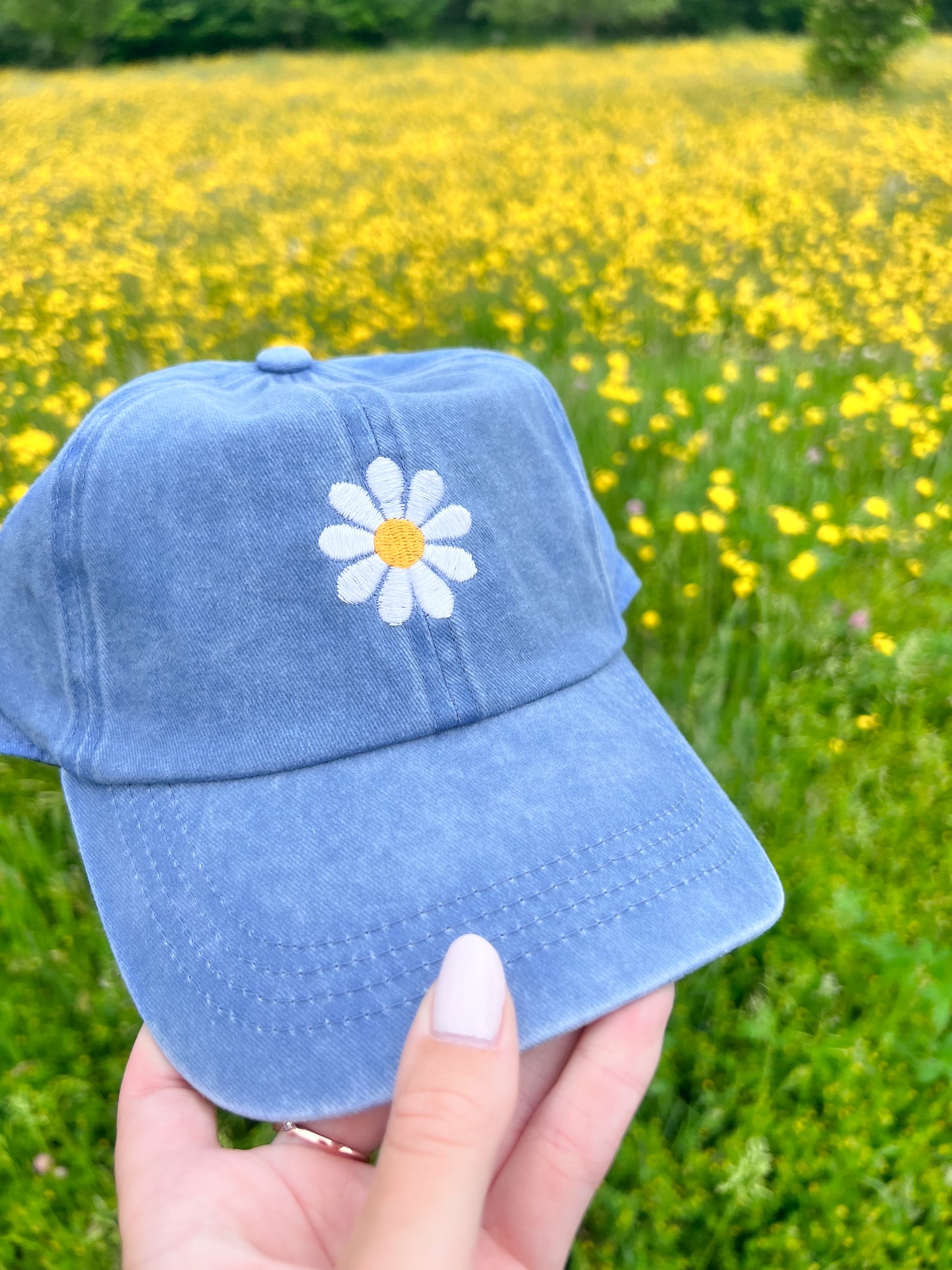 Denim Blue Floral Baseball Hat