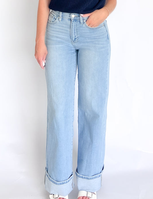 Cuffed Palazzo Light Denim Jeans