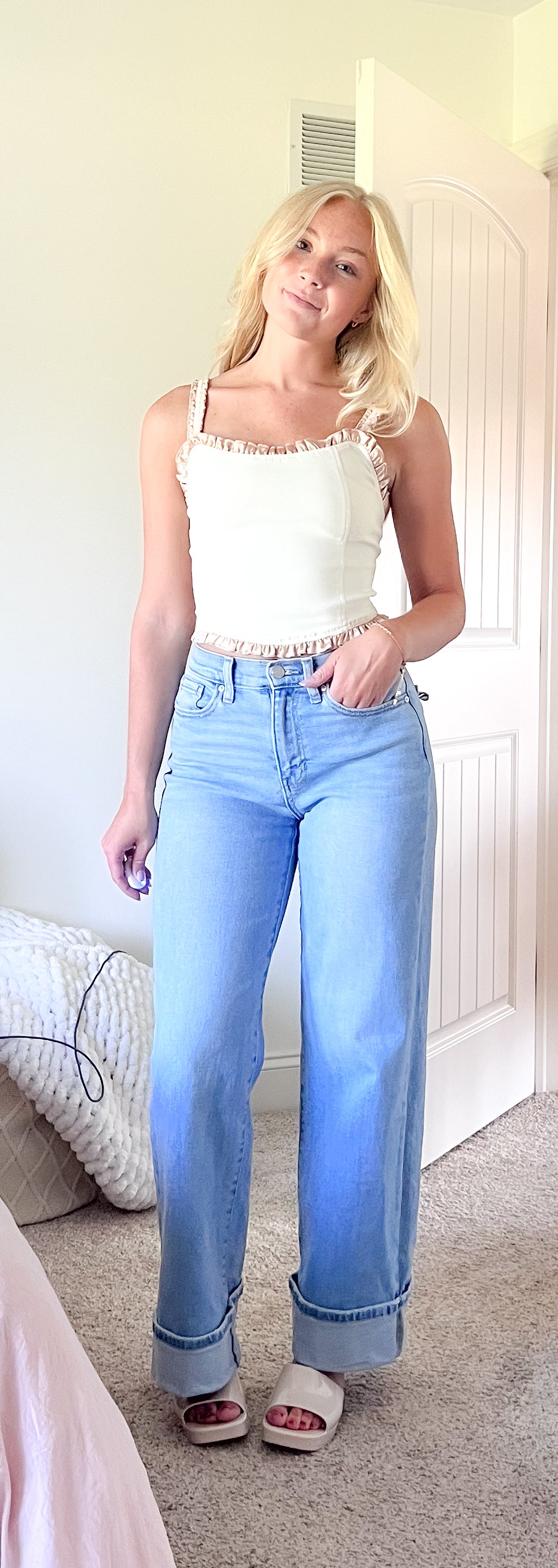 Cuffed Palazzo Light Denim Jeans