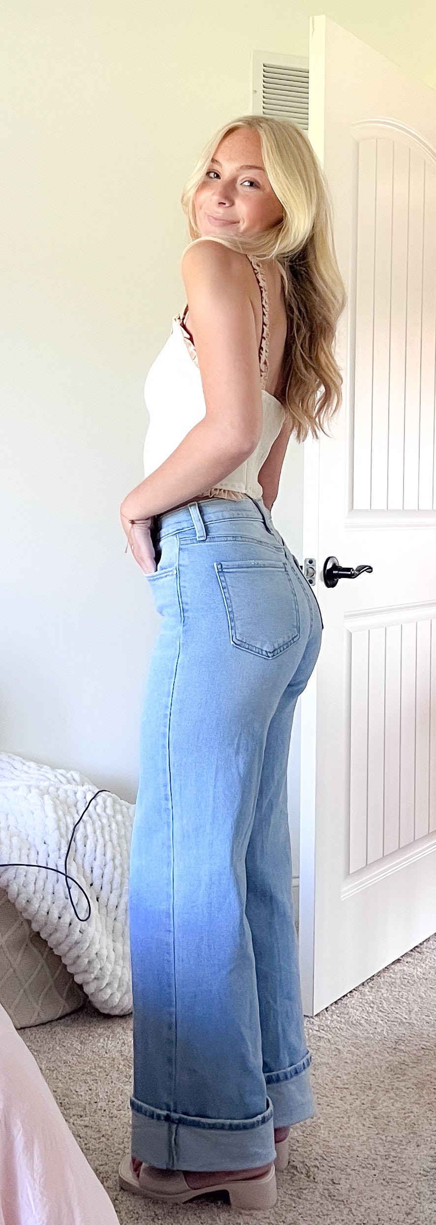 Cuffed Palazzo Light Denim Jeans