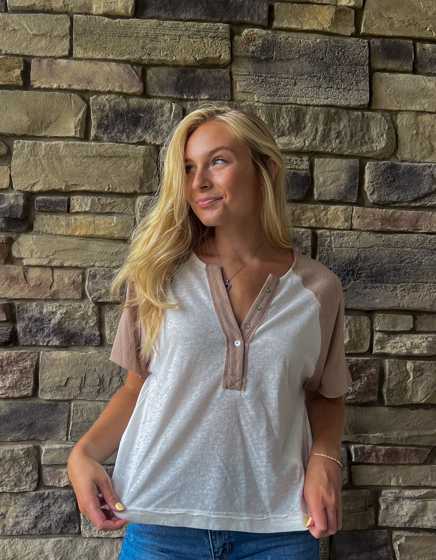 Neutral Henley Knit Top