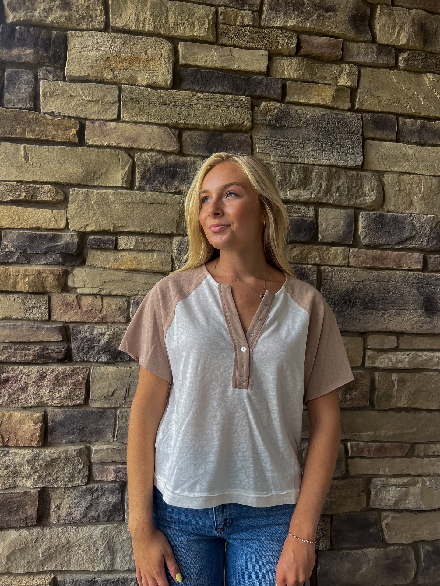 Neutral Henley Knit Top