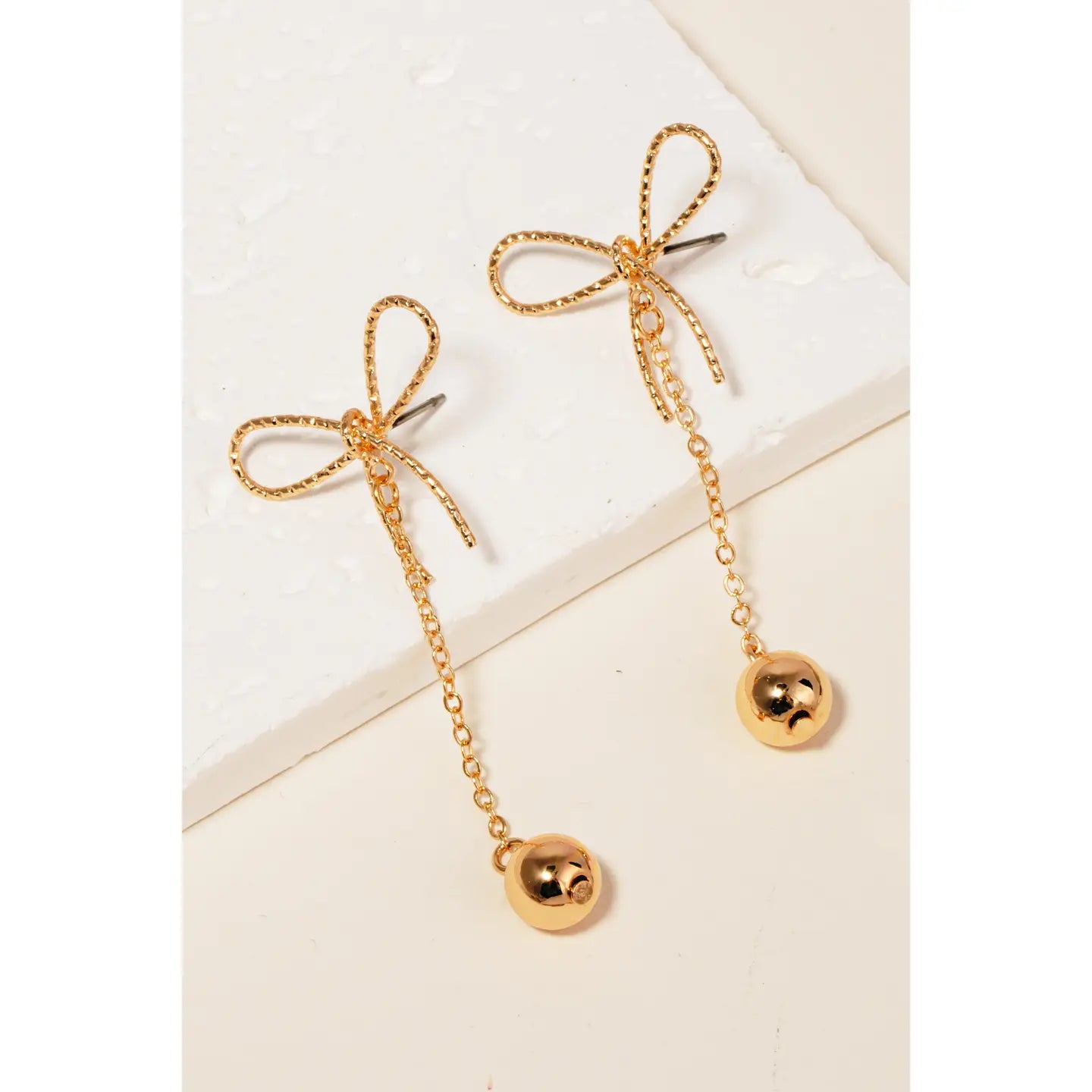 Metallic Ball Charm Dangle Bow Earrings